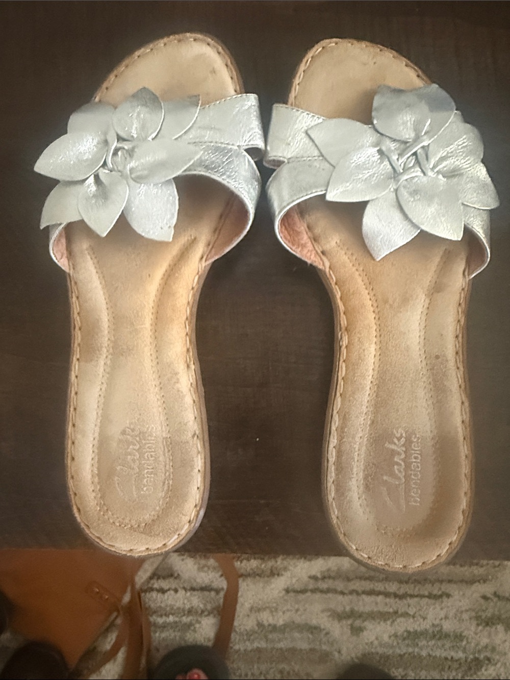 Clarks Metallic Silver Floral Slide Sandals for Women